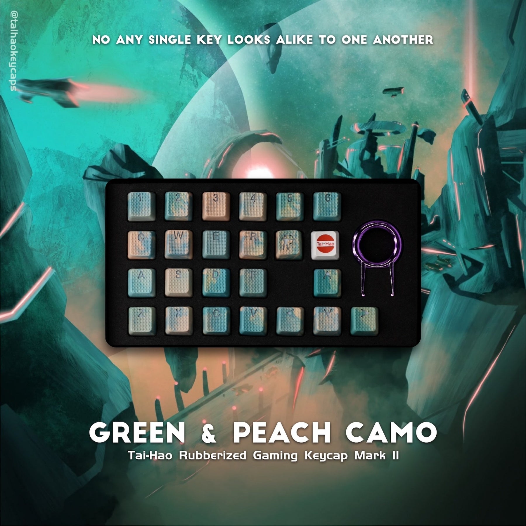 Tai-Hao 23-Key TPR Rubberized Gaming Keycap Set Green & Peach Camo Rubber MK52O3T041 |0|