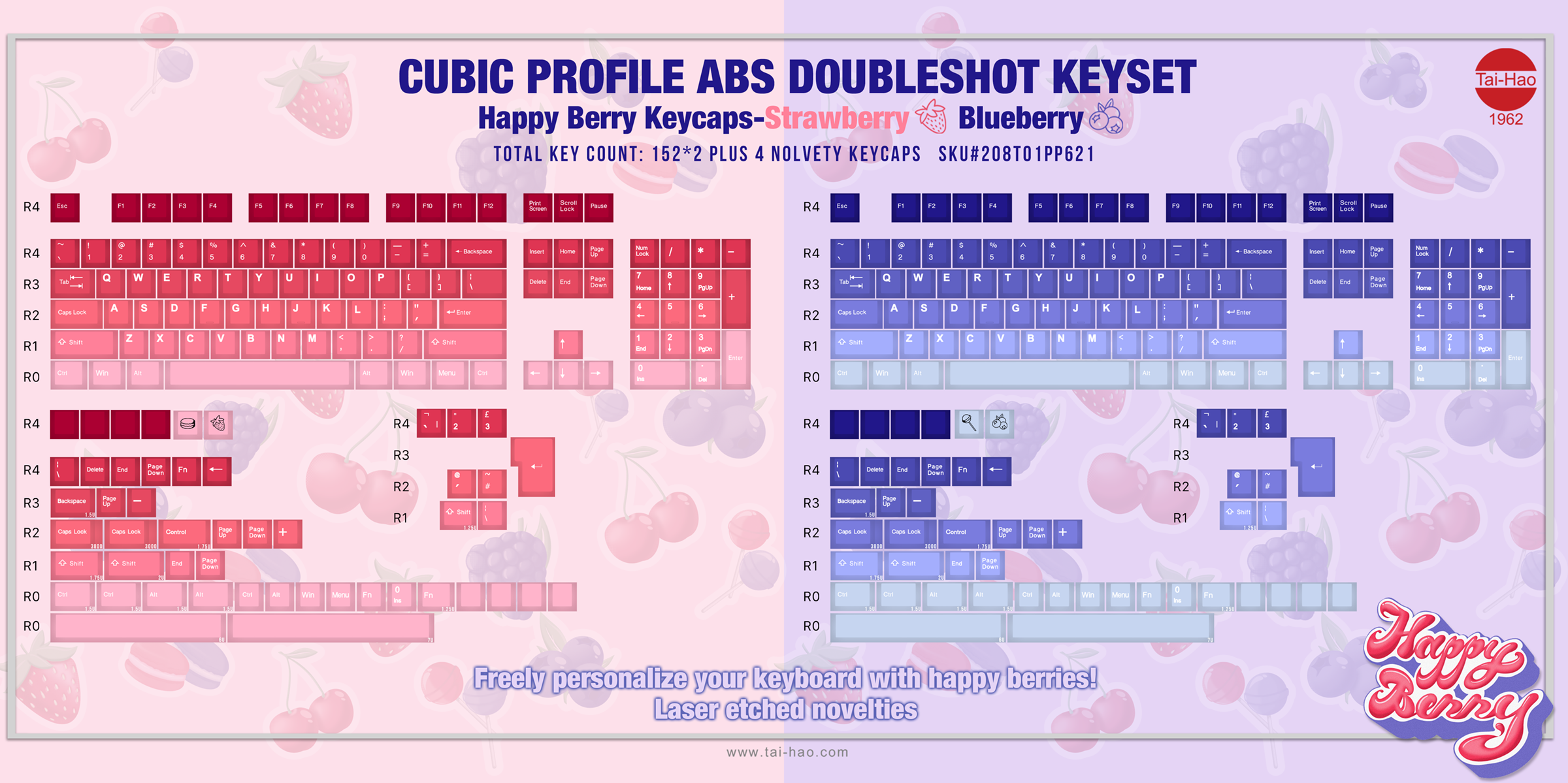 Tai-Hao 308 Key Cubic ABS Double Shot Keycap Set Blueberry & Strawberry MK8QF8IK1T |0|