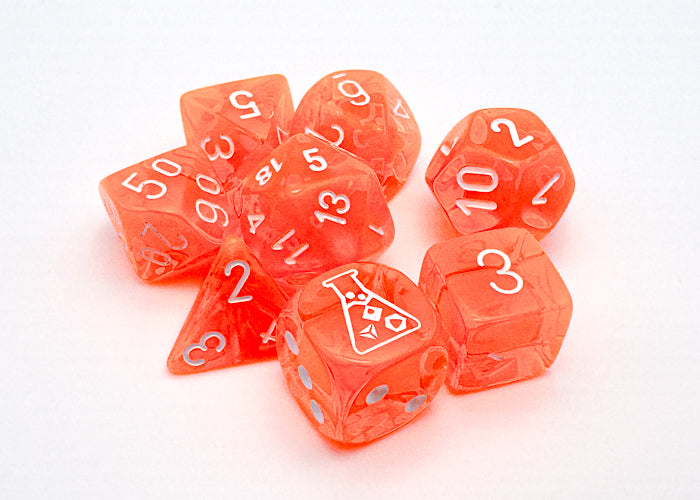 Chessex Translucent Red With White Numbers 7-Die Polyhedral Dice Set - D4, D6, D8, D10, D%, D12, D20
