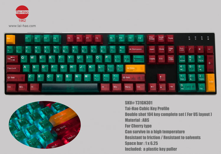 Tai-Hao 152 Key ABS Double Shot Cubic Keycap Set Translucent Green & Red MKZT1A09Y2 |38066|