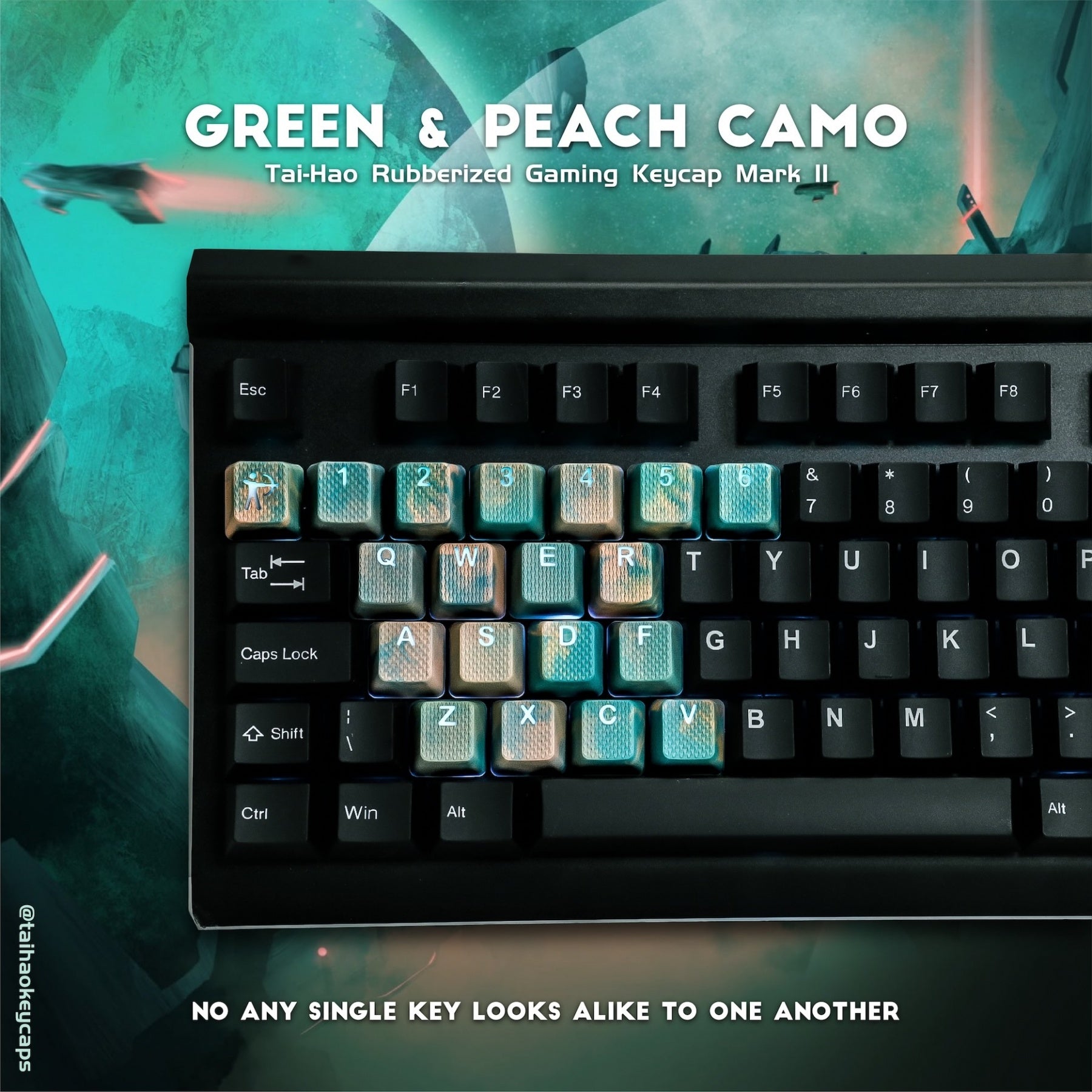 Tai-Hao 23-Key TPR Rubberized Gaming Keycap Set Green & Peach Camo Rubber MK52O3T041 |28565|
