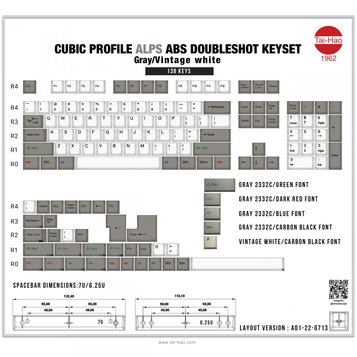 Tai-Hao Vintage White / Grey Backlit 138 Key Cubic Profile ABS Double