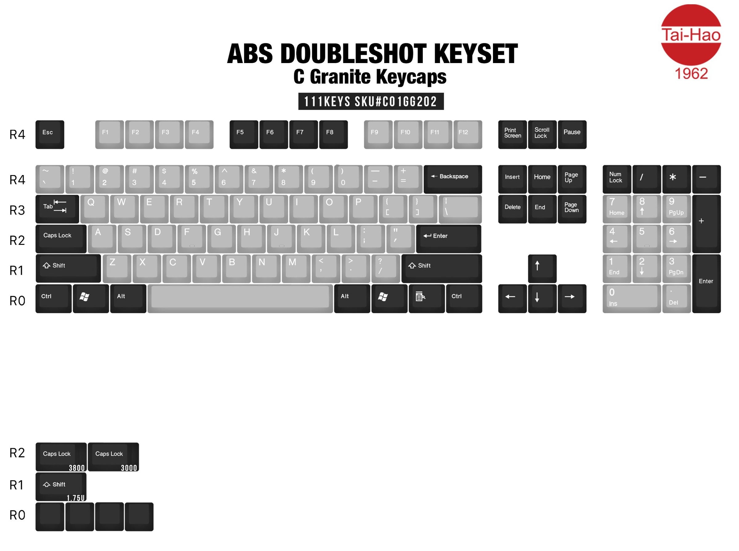 Tai-Hao Grey / Black Granite 111 Key OEM Profile Double Shot ABS Keyca