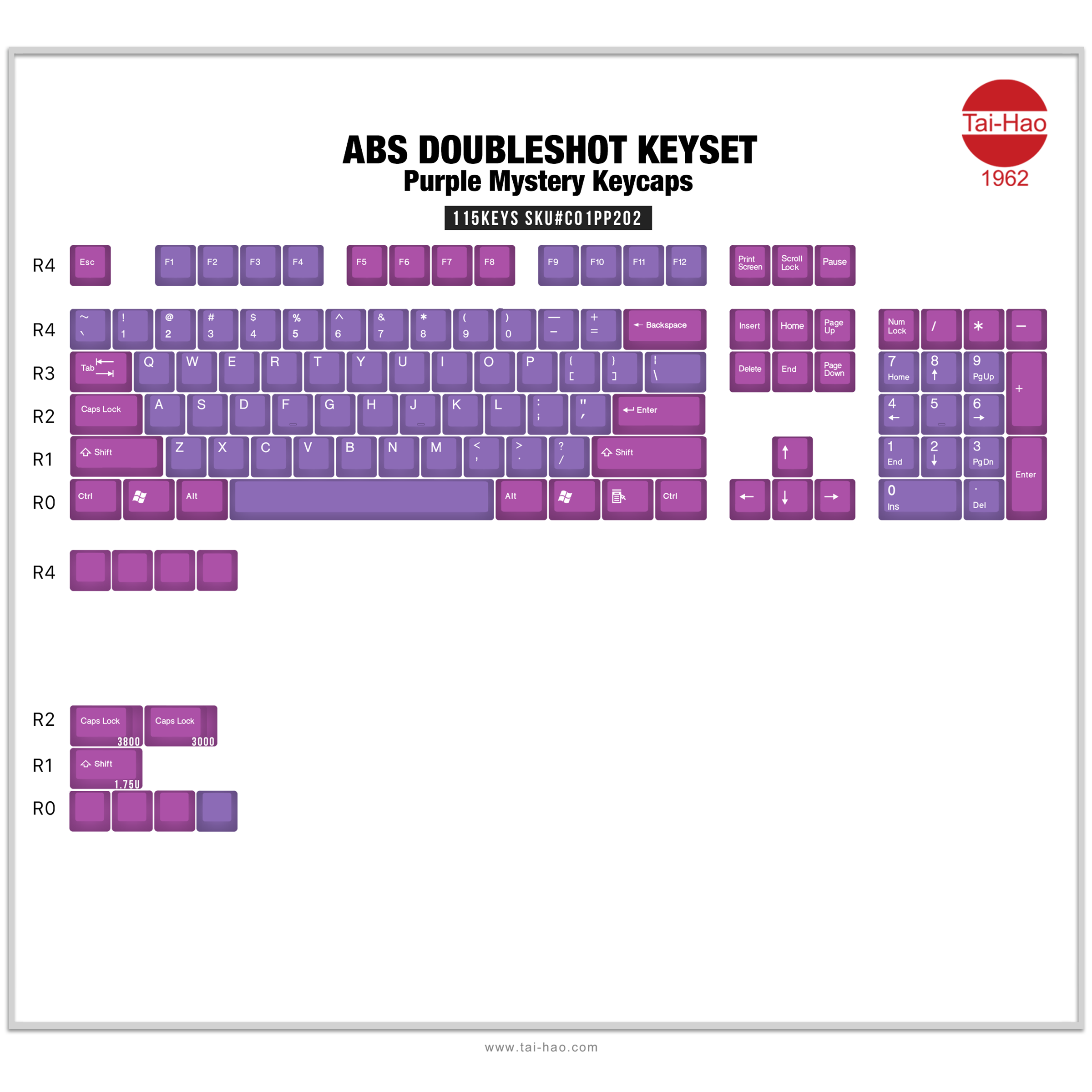 Tai-Hao 115 Key ABS Double Shot Keycap Set Purple/Pink MKMQF359C0 |34629|