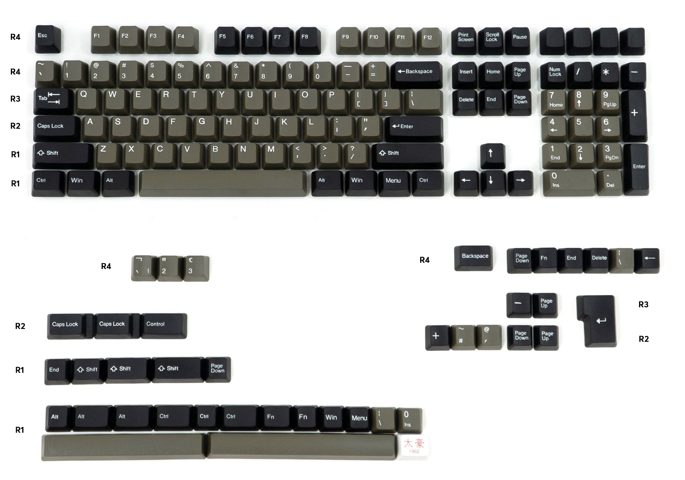 Tai-Hao Dolch 148-key OEM-profile set laid out in full, showing the exact two-tone gray and charcoal double-shot ABS colorway with white legends