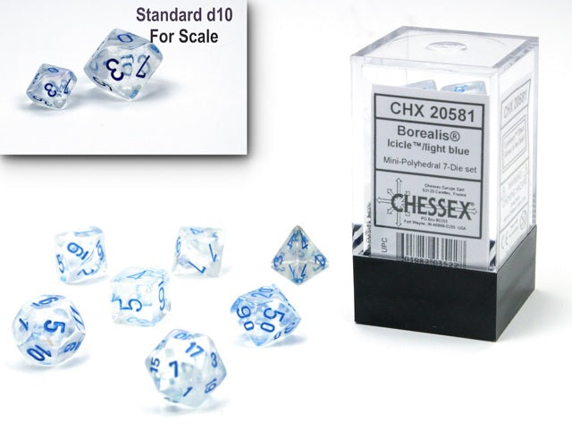 Chessex Borealis Mini Polyhedral 7 Die Set Icicle/Light Blue Luminary MK78PXBN9M |0|
