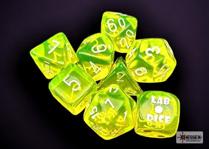 Chessex Translucent Neon Yellow/White 7-Die Set with Bonus Die MKN47SKTAF |0|