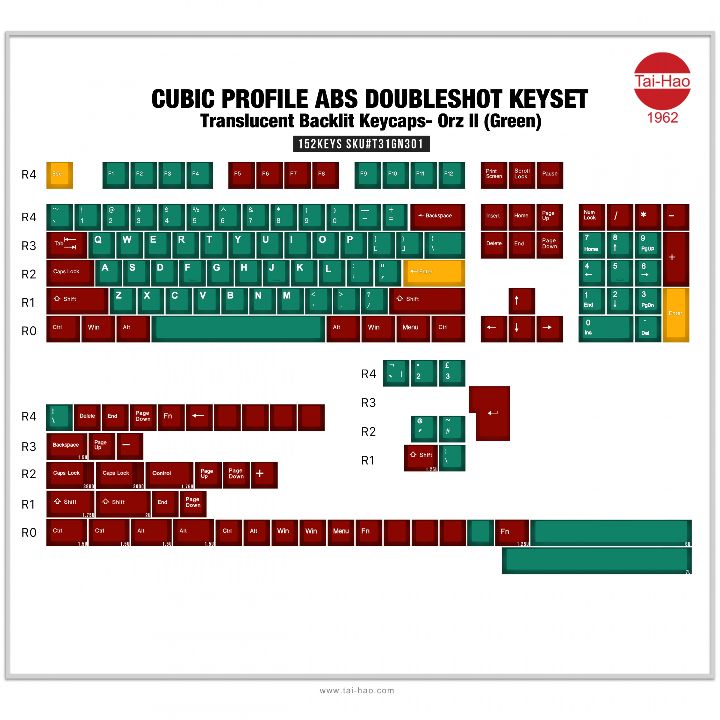 Tai-Hao 152 Key ABS Double Shot Cubic Keycap Set Translucent Green & Red MKZT1A09Y2 |28529|