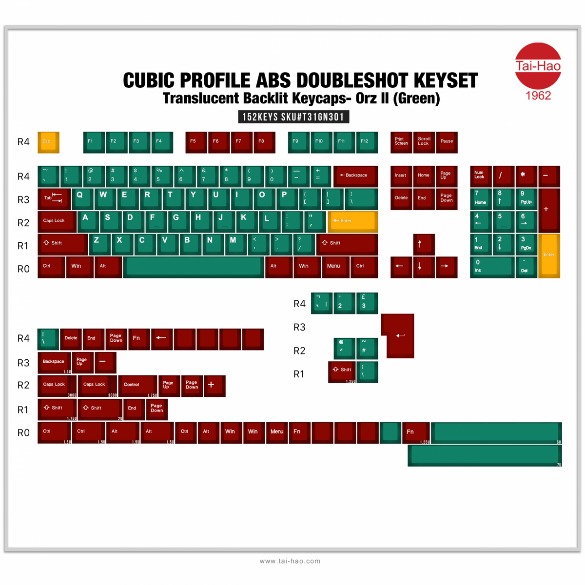 Tai-Hao Green & Red Translucent 152 Key Cubic Profile Double Shot ABS