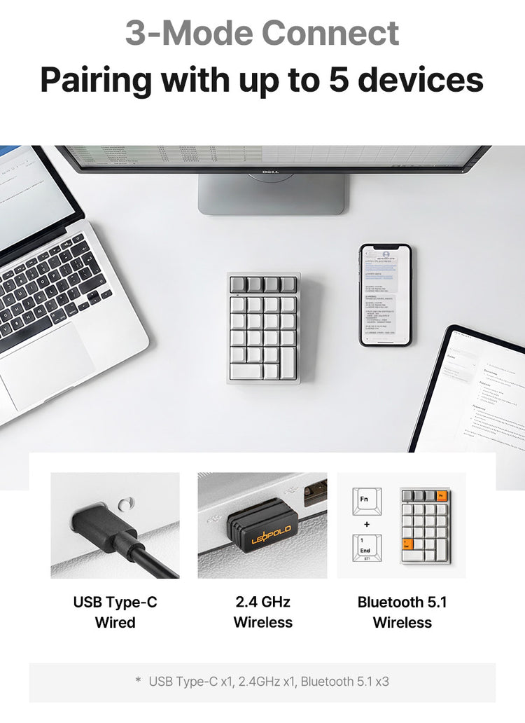 Leopold FC220TP Ash White Hotswap Wireless RGB Numpad Keyboard MKYQSWPPJK |78703|