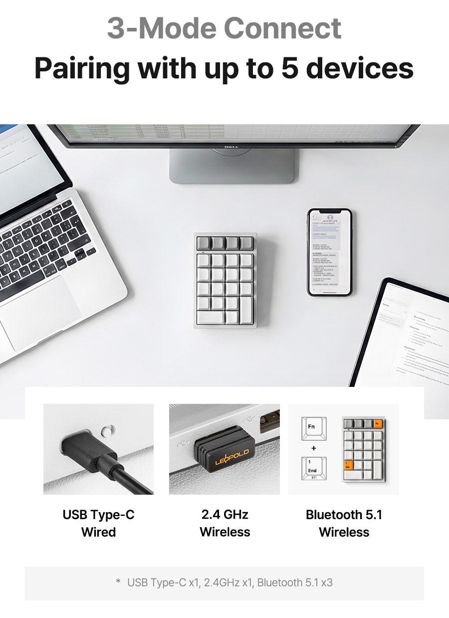 Leopold FC220TP Ash White Hotswap Wireless RGB Numpad Keyboard MKYQSWPPJK |78703|