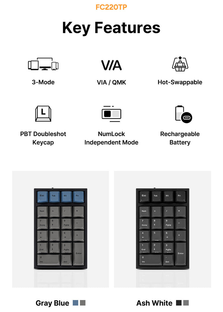 Leopold FC220TP Ash White Hotswap Wireless RGB Numpad Keyboard MKYQSWPPJK |78698|