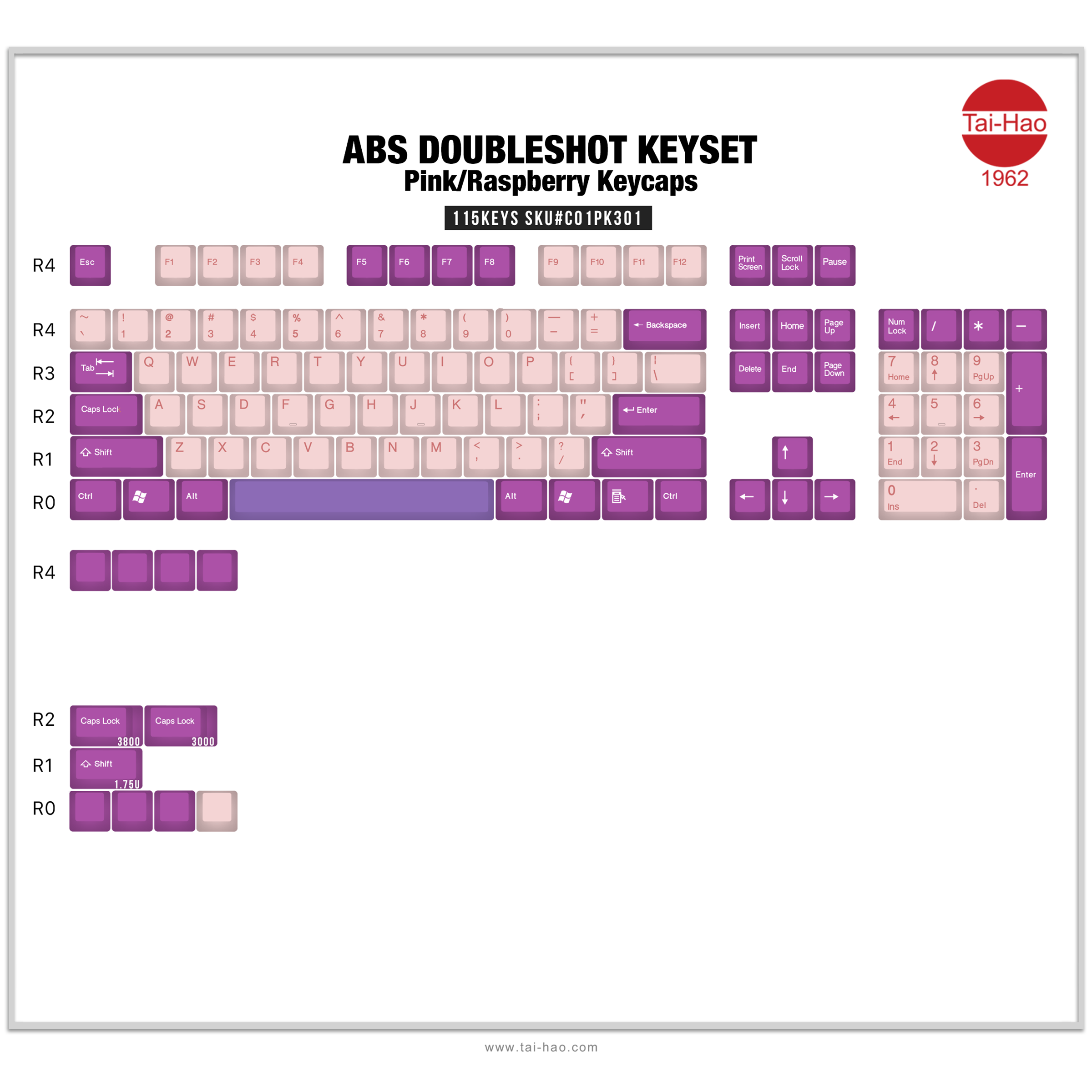 Tai-Hao 115 Key ABS Double Shot Keycap Set Pink/Raspberry MKUGIX9CRE |34633|