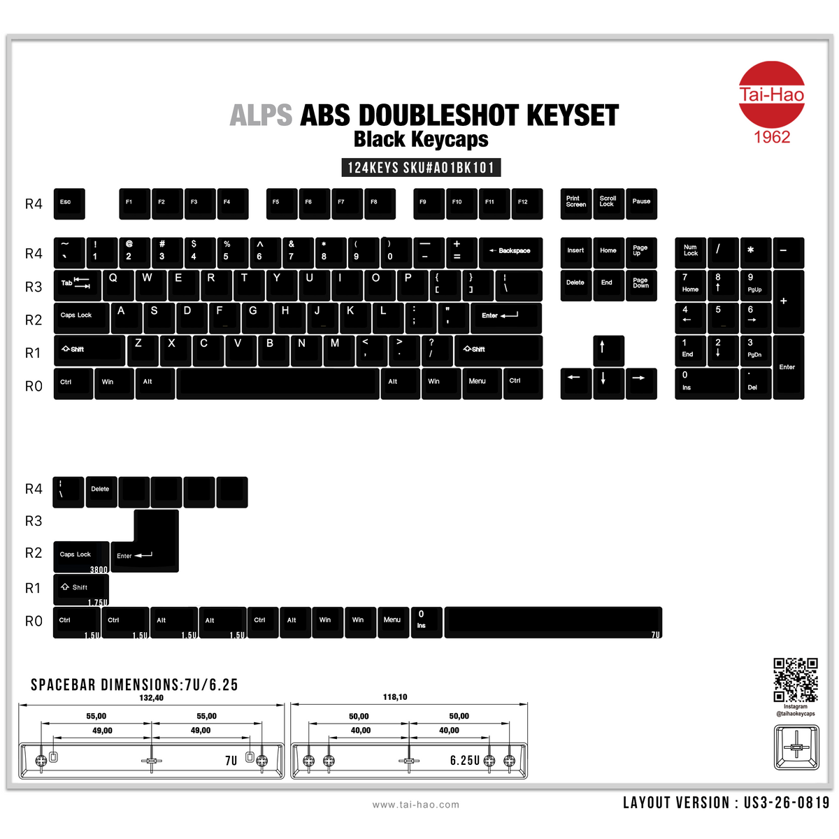 Tai-Hao Alps * 124 Key OEM Profile ABS Keycaps MK2HVSV06Y |27805|