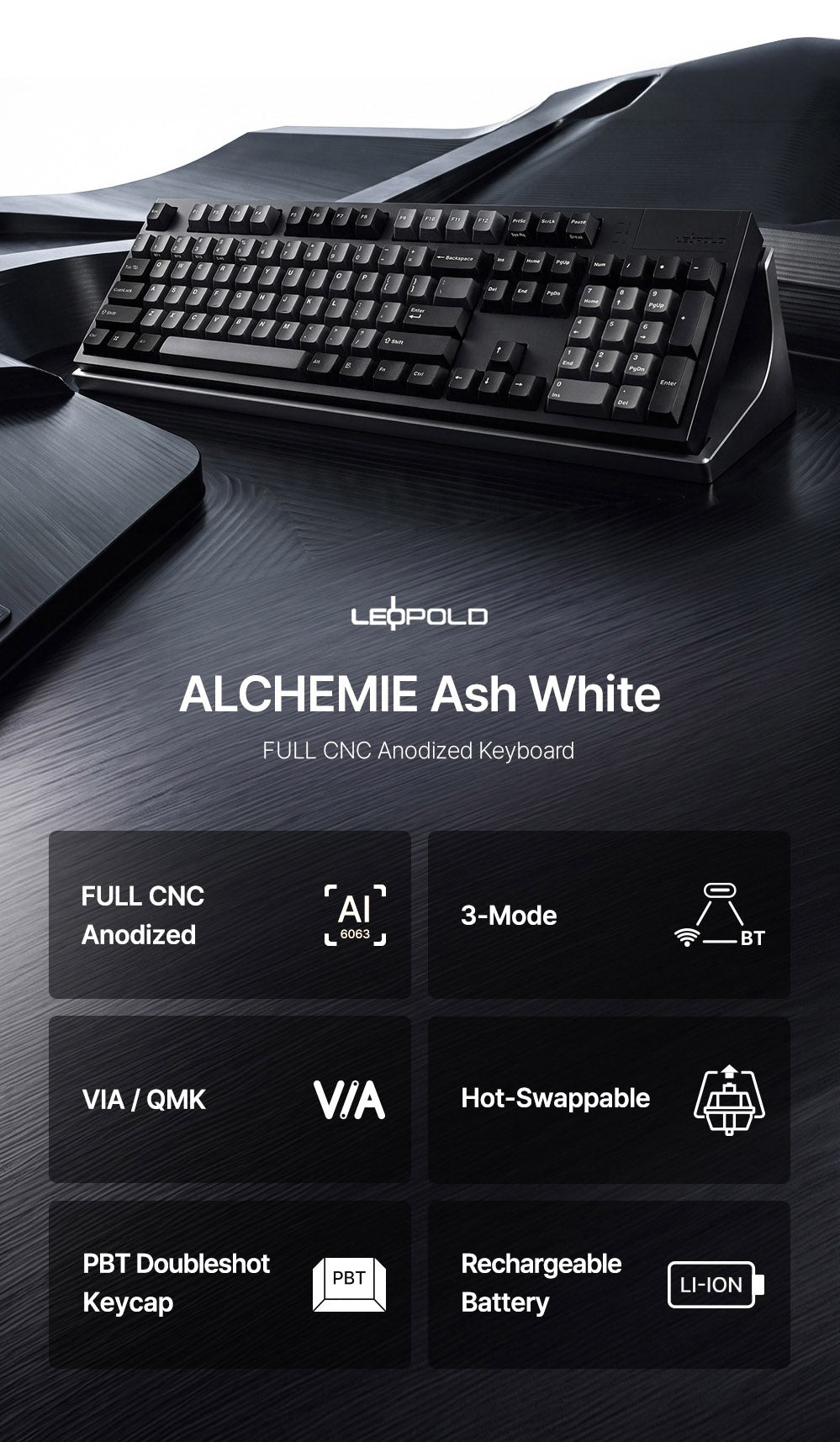 Leopold Alchemie Ash White Aluminum Wireless RGB Keyboard MKV4AWULNT |80366|