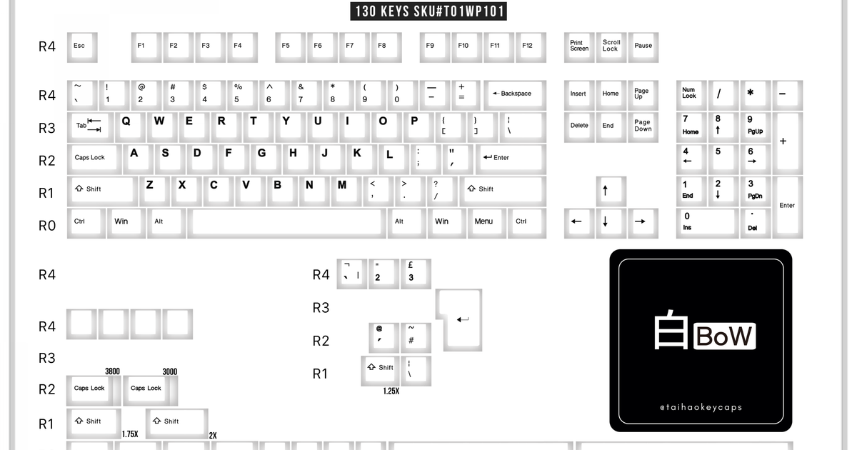 Tai-Hao Black on White 128 Key Cubic Double Shot ABS Keycap Set White