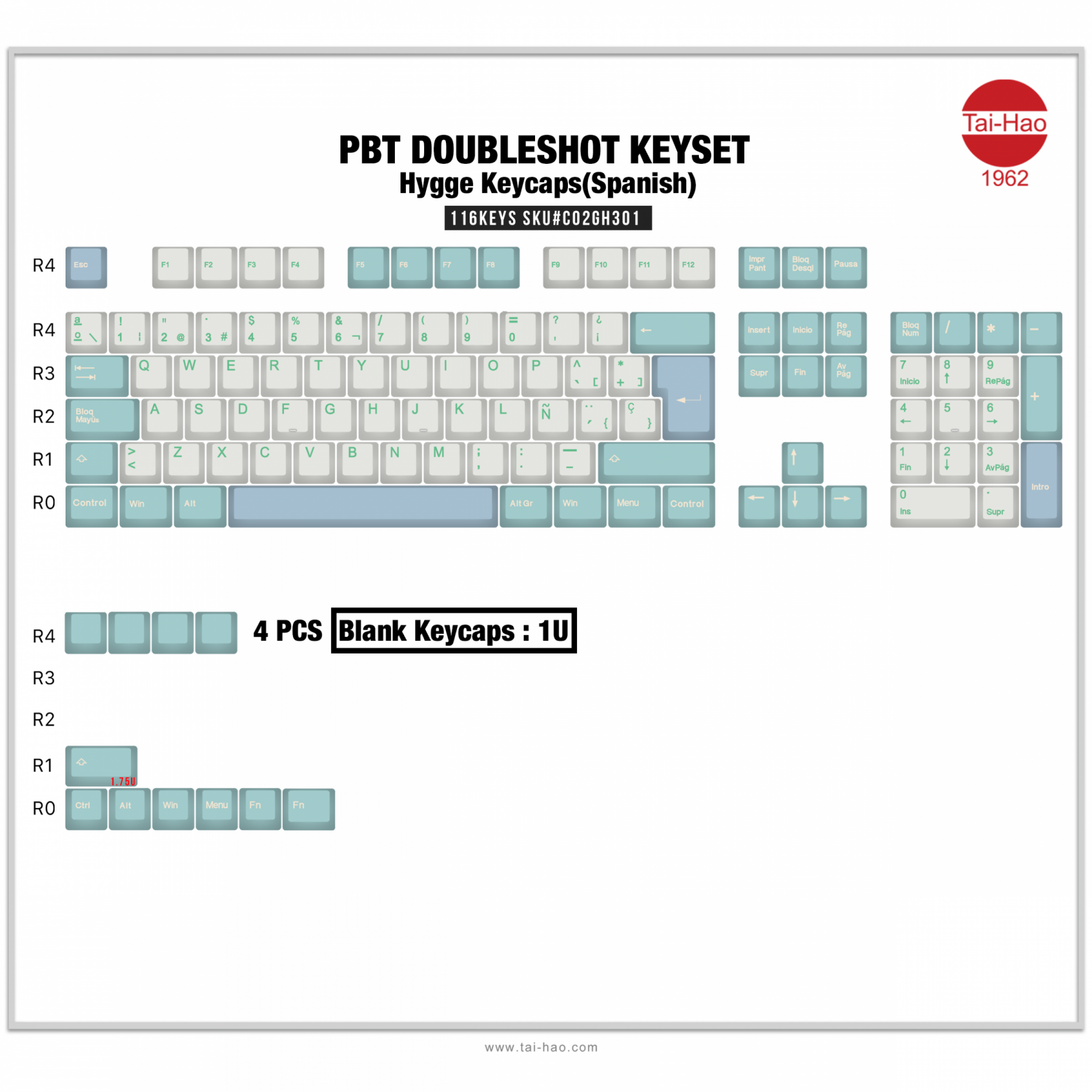 Tai-Hao 116 Key PBT Double Shot Keycap Set Hygge (ISO- Spanish) MKF1MMEY5D |28221|
