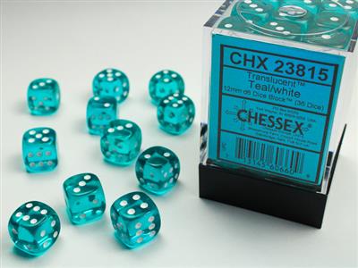 Translucent 12mm d6 Teal/white Dice Block (36 dice) MK302XMMHT |0|