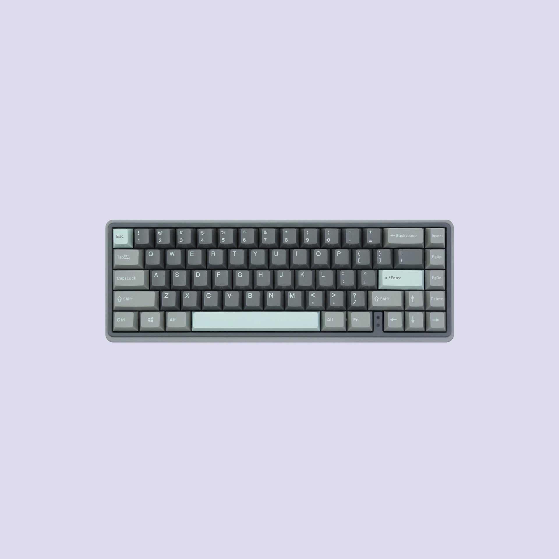 Varmilo x MK Glintstone Minilo 65% keyboard with dark gray, light gray and light blue keycaps 