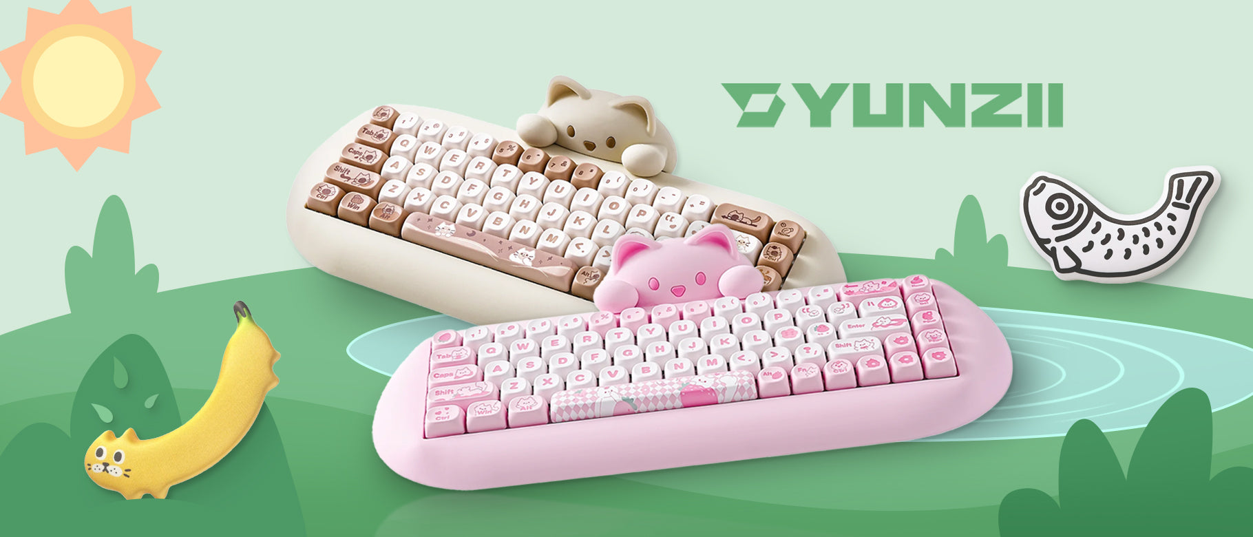 Yunzii C68 Cat Silicone mechanical keyboard pictured in both pink and white colorway and in the brown and cream colorway