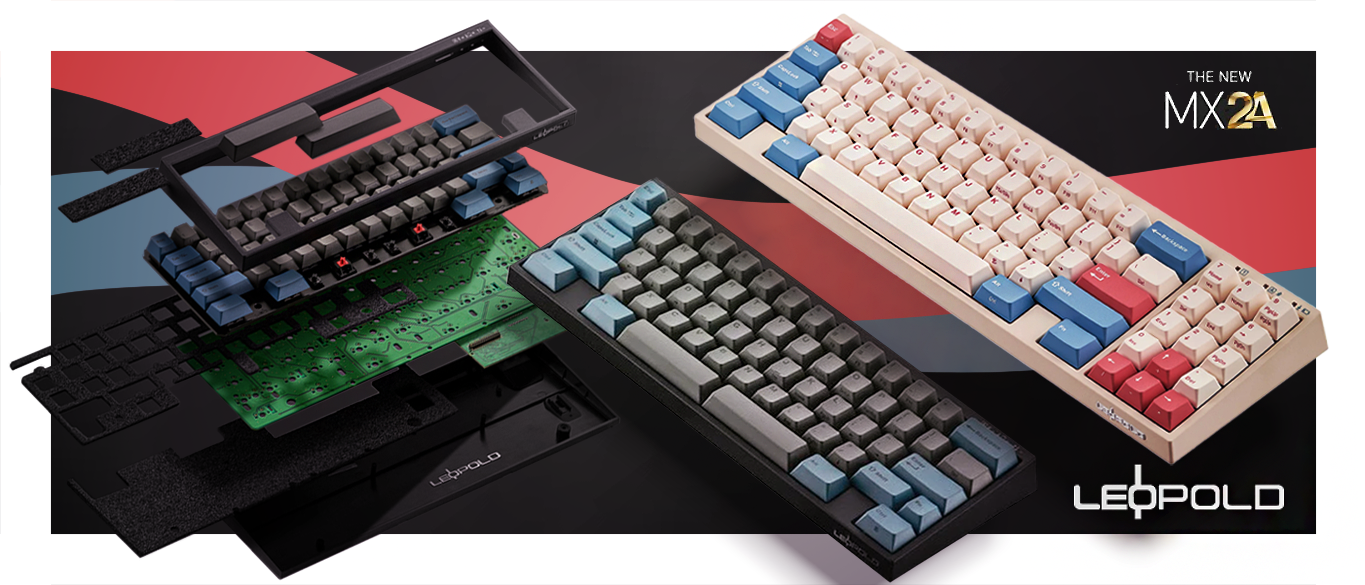 Leopold Mechanical Keyboard with MX2A switches showing an exploded view of the layers of the keyboard and 2 colorways